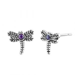 Sterling Silver Dragonfly Cz Stud Earrings