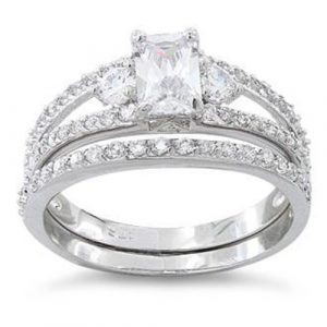 Sterling Silver Clear Cut CZ Wedding Set Ring