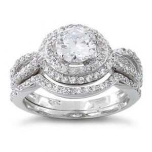 Sterling Silver Halo CZ Wedding Set Ring