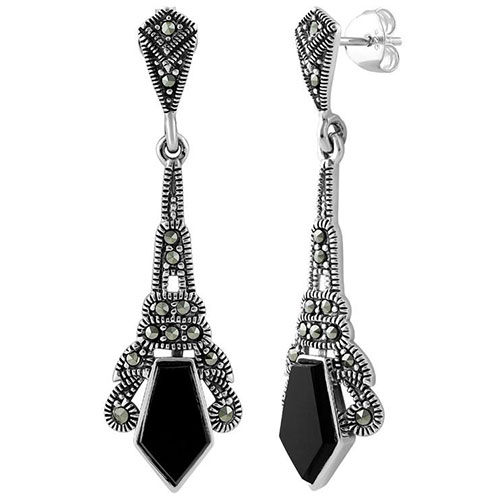 Sterling Silver Pentagon Drop Black Onyx Marcasite Earrings