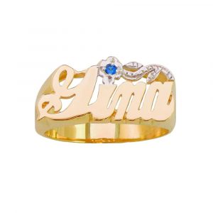 LJ080 Personalized Gold 9MM Size Pave Cut Flower Tail On Top Of Name Ring