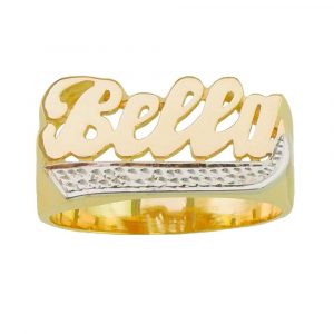 LJ107Dz Personalized Gold 9MM Medium Size Script Letter And Pave Cut Tail Name Ring