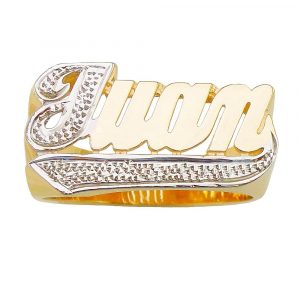 LJ116D Personalized Gold 12MM Large Size And Pave Cut On First Letter And Straight Tail Name Ring