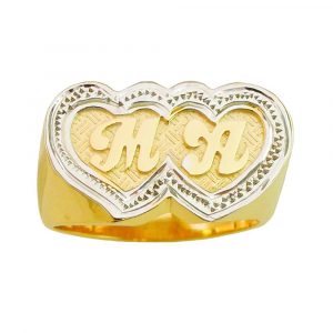 LJ183D Personalized Gold Two Heart Pave Cut With Initials On Two Heart Name Ring